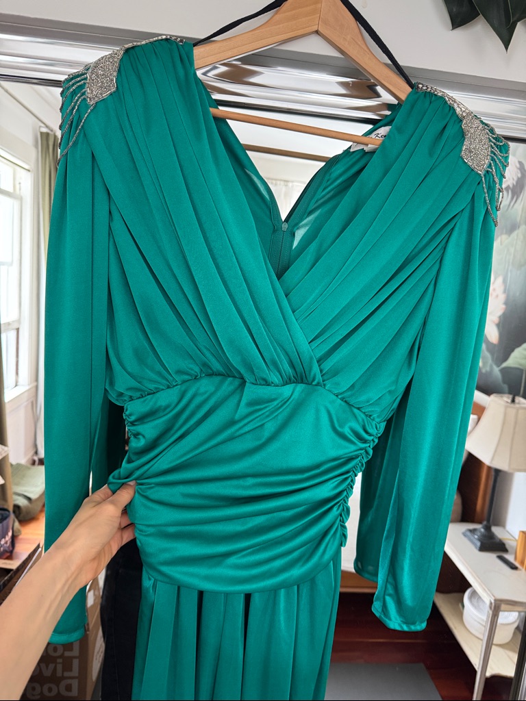 Vintage 80s Gem! Emerald Green Draped Ruched Jumpsuit With Beaded Shoulders